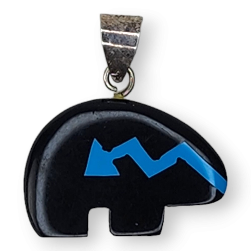 Zuni Bear Fetish Pendant Black Onyx Sterling Silver 1in Black Turquoise Inlay